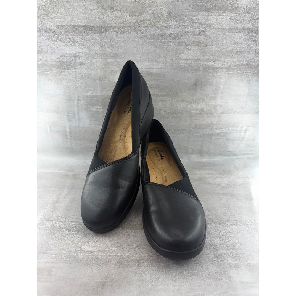 Clarks Collection Women Black Leather Ultimate Comfort Wedge Pumps Sz 8.5M